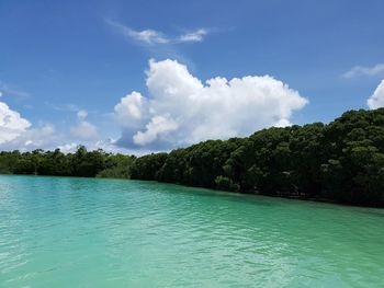 Scenic view of swimming pool by sea against sky