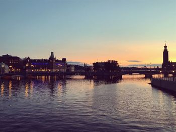 River in city at sunset