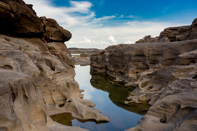 Low angle view of rock formations against sky