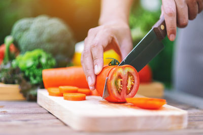 Cropped image of person holding vegetables on cutting board