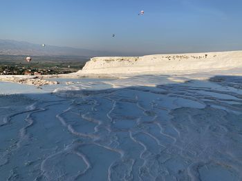 Aerial view of city at salt terraces at pamukkale in turkey 