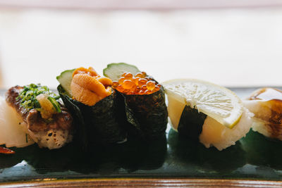 Close-up of sushi served in plate