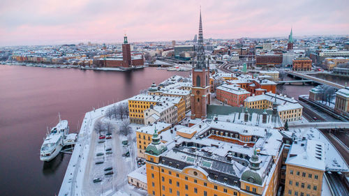 High angle view of buildings in city