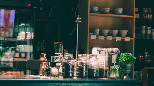 Jars on table in caf