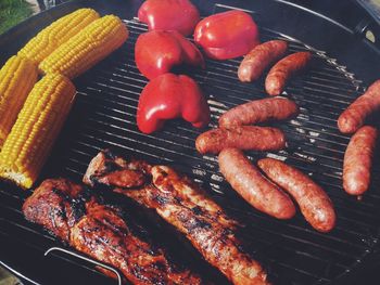 High angle view of food on barbecue grill