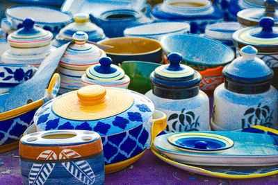 Close-up of ceramics for sale at market stall