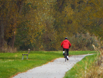 Rear view of man with bicycle on grass