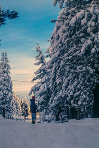 Side view of man standing by frozen trees on snow covered field