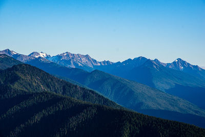 Scenic view of snowcapped mountains against clear blue sky