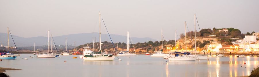 Sailboats moored in sea against clear sky