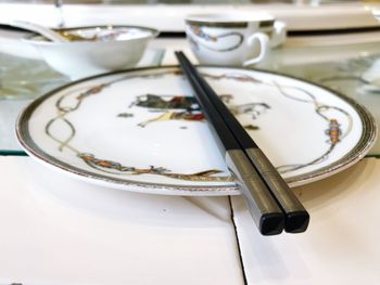 High angle view of food in plate on table