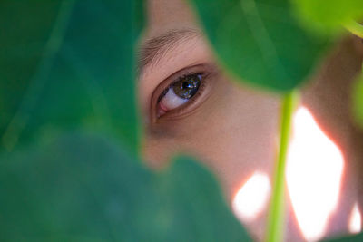 Close-up portrait of girl with green leaves