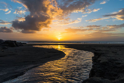 Scenic view of beach against sky during sunset