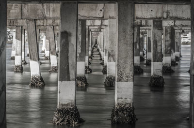 Architectural columns under bridge at beach