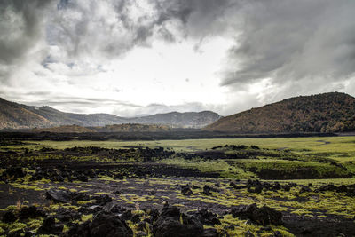 Scenic view of field and mountains against sky