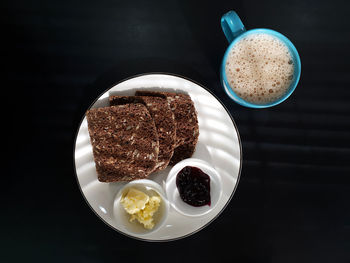 High angle view of breakfast served on table