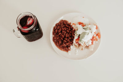 High angle view of breakfast on table