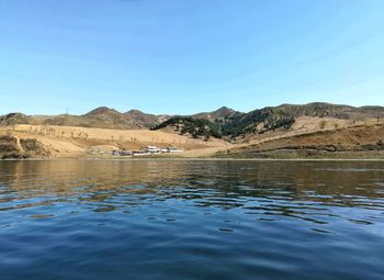 Scenic view of lake against clear blue sky