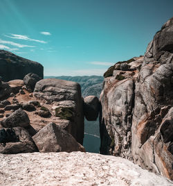 Rock formations by sea against sky