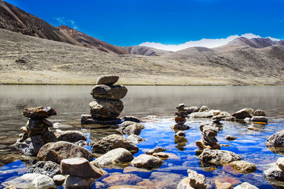 Scenic view of rocks by lake against sky