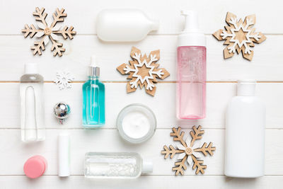 High angle view of beauty products on table