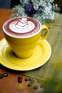 Close-up of coffee cup on table