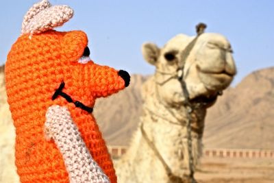 Close-up of orange woolen toy with camel against sky