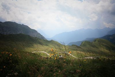 Scenic view of field and mountains against sky