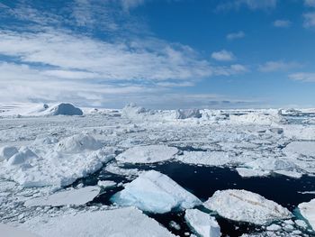 Scenic view of snow covered mountains against sky