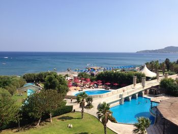 Scenic view of sea against blue sky