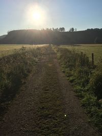 Dirt road on grassy field against clear sky