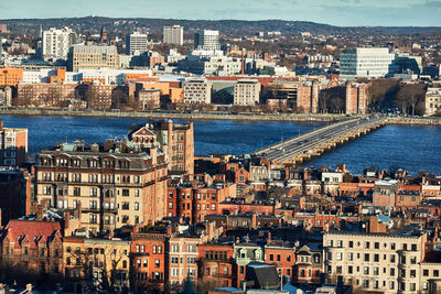 High angle view of buildings in city in the morning
