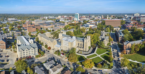 High angle view of buildings in city