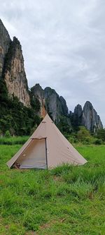 Scenic view of mountains against sky of camp