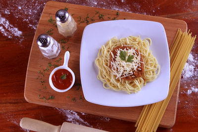 High angle view of food served on table