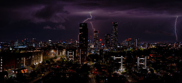 Aerial shot of manchester, uk at night.