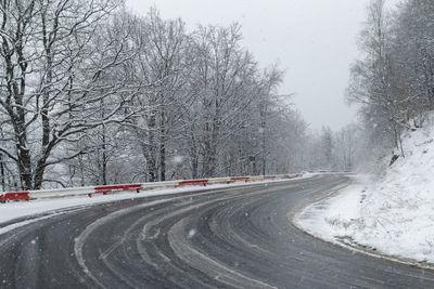 Road amidst bare trees against sky during winter