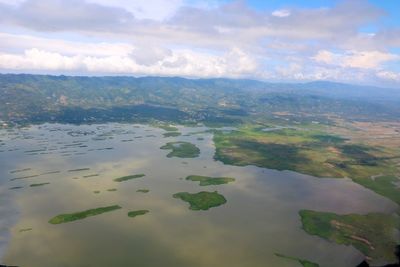 Aerial view of lake against sky