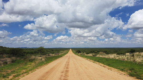 Dirt road amidst field against sky