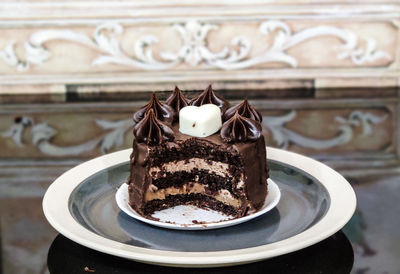 Close-up of chocolate cake on table