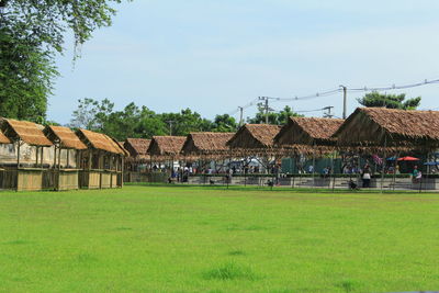 Houses on field against sky