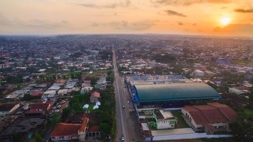High angle view of townscape against sky during sunset