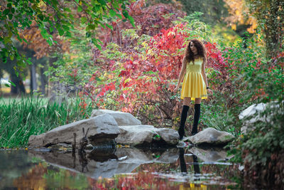 Rear view of woman standing by lake