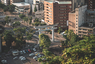 High angle view of buildings in city