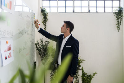 Confident businessman writing on whiteboard while planning strategy at creative office