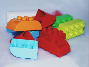 Close-up of multi colored toy on white background