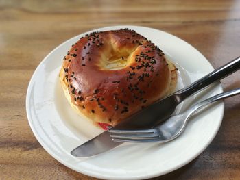High angle view of breakfast in plate on table
