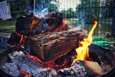 Close-up of bonfire on barbecue grill