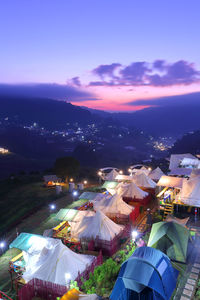 High angle view of tent against sky at night
