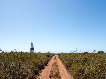 Dirt road amidst field against clear sky